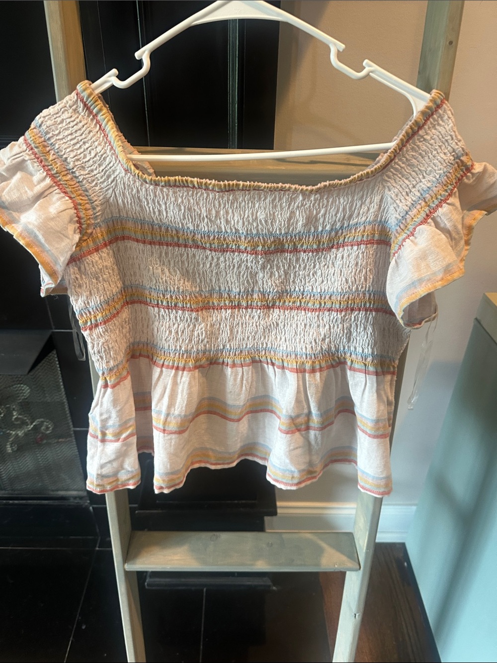 Smocked Off-Shoulder Women’s Top in Cream with Pastel Stripes